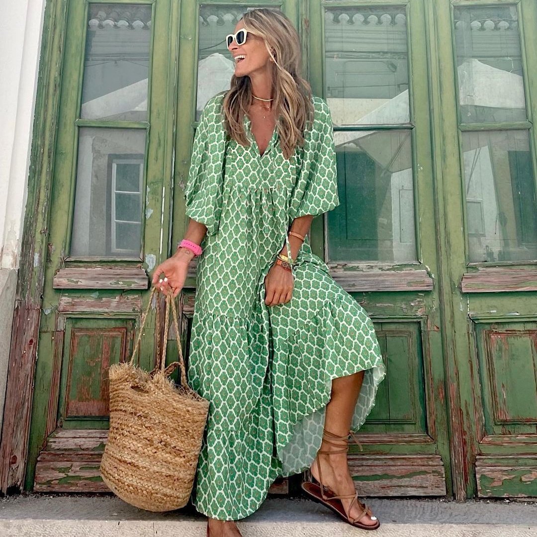 Summer Women’s Vintage Printed Bohemian Dress Elegant Ladies Casual Loose V-Neck Short Sleeve Long Dresses